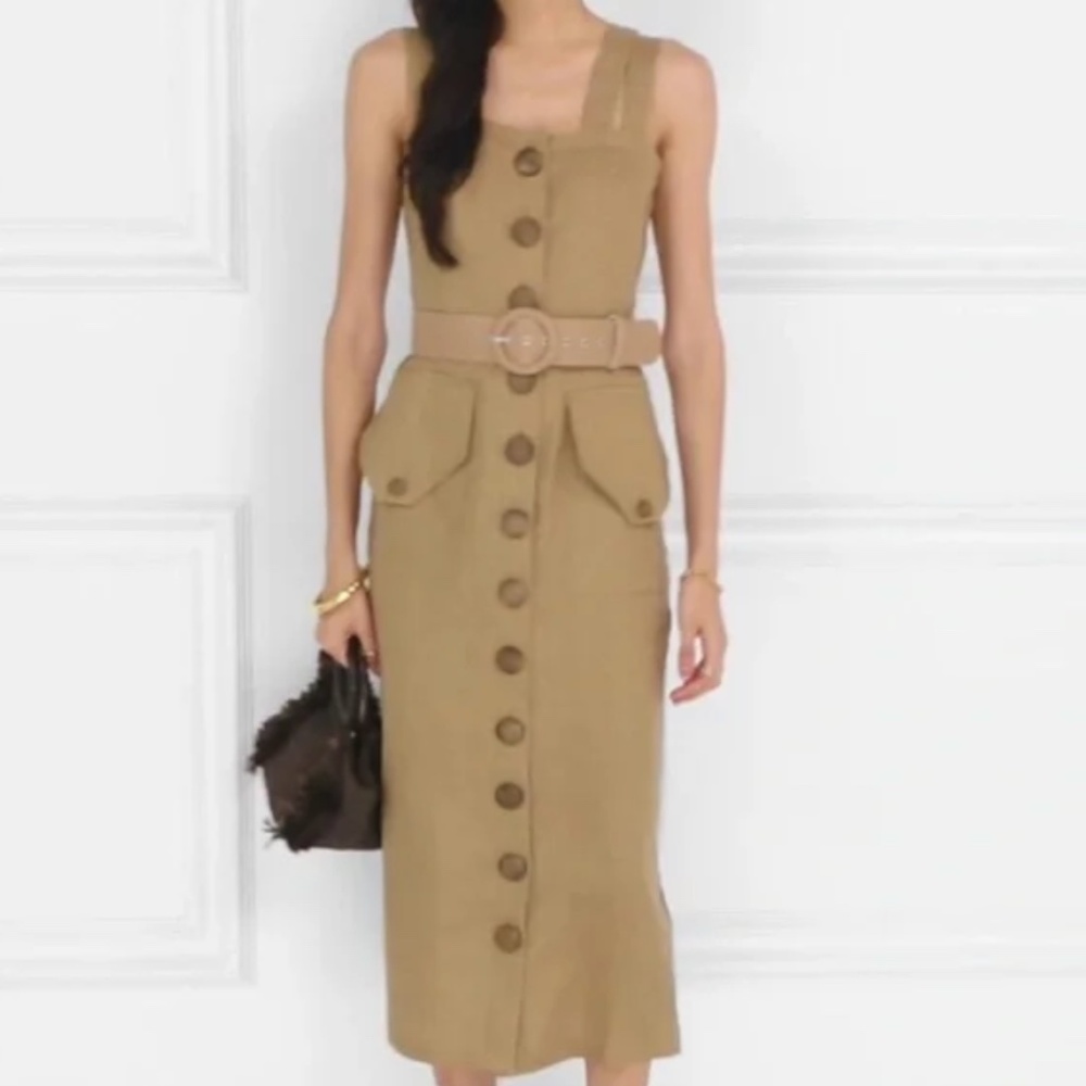 Nicholas Linen Khaki Dress with pockets and large buttons, size US 6